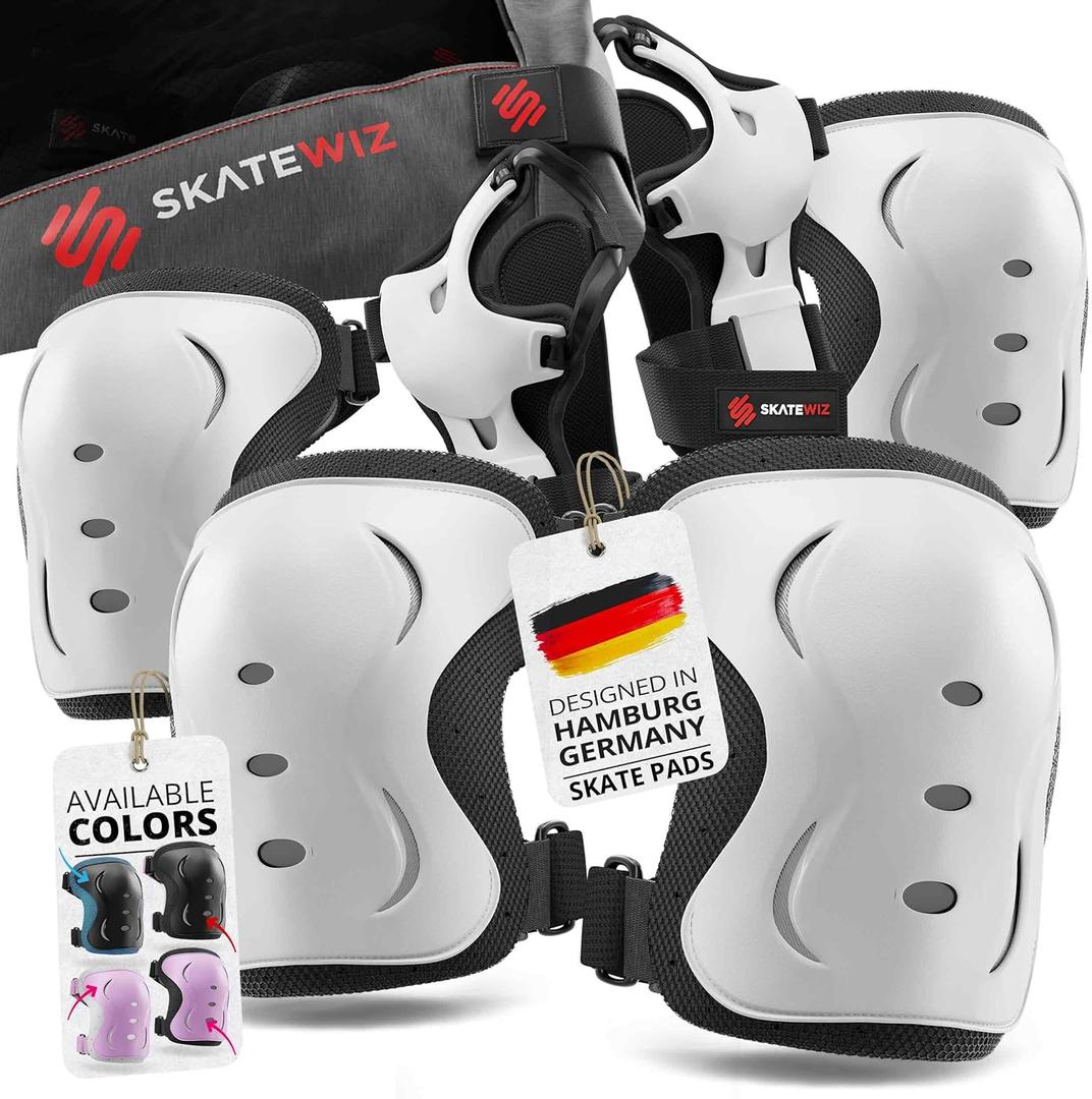 SKATEWIZ Kids and Adults Knee Pads and Elbow Pads Set with Wrist Guards for Roller Skating [6pc] - Skating Protective Gear for Roller Skates & Skateboard (M (Teen/Adult 16 years and older), WHITE)