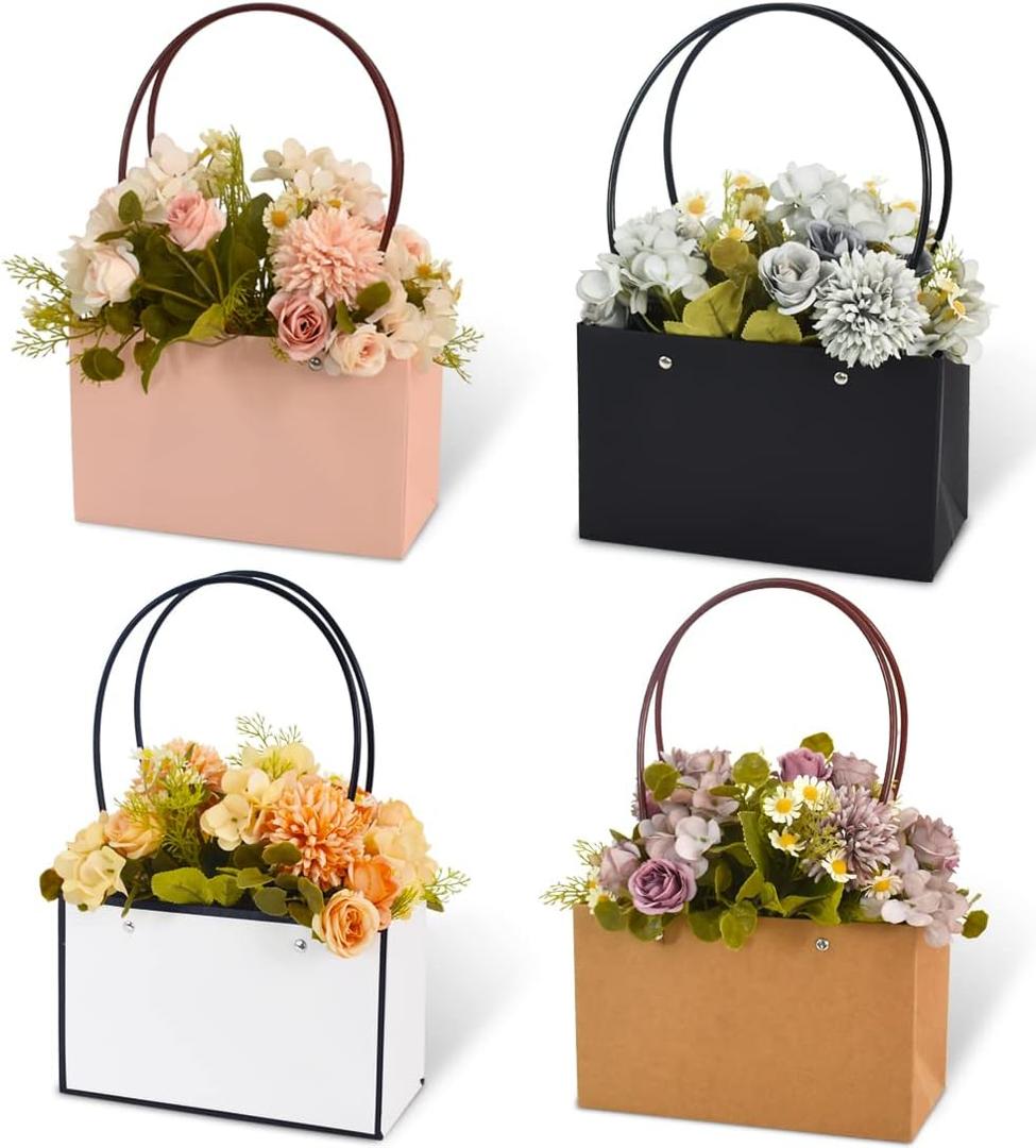 BEISHIDA Multi Flower Gift Bags for Bouquets,4PCS Rectangle Flower Bouquet Box with Handle for Bouquet Packaging Floral Wrap Florist Supplies Basket Graduation Wedding Valentine Gift Craft(8.6x3.9x13 in)