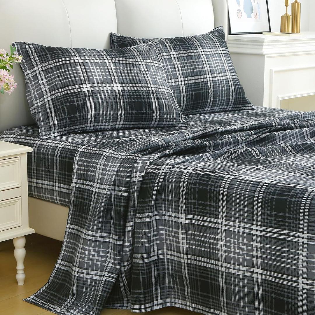 MUXHOMO Queen Size 4 Piece Sheet Set, Soft Breathable Bed Sheet Set for Bedroom with Deep Pocket Up to 16", Wrinkle-Free & Cooling Bedding for Oeko-TEX Certified - Black/White Plaid