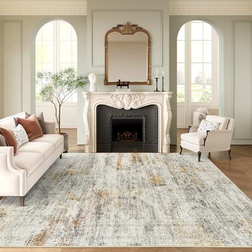 Soalmost Washable Area Rug 8x10, Large Soft Abstract Rugs for Living Room Vintage 8x10 Area Rugs for Bedroom Dining Room Non-Slip Stain Resistant Under Table Gray Rust Rug