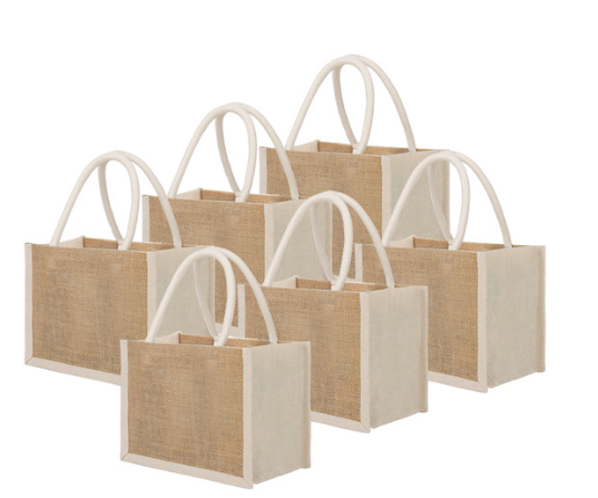 Reginary 16 Pcs Jute Tote Gift Bags Natural Burlap Grocery Shopping Bag Beach Tote with Handle for Bridesmaid Wedding Travel (Whit Trim)