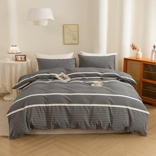 ECOCOTT 3 Pieces Duvet Cover Queen Size, 100% Washed Cotton 1 Duvet Cover with Zipper and 2 Pillowcases, Ultra Soft and Easy Care Breathable Cozy Simple Style Bedding Set(Grey Striped)