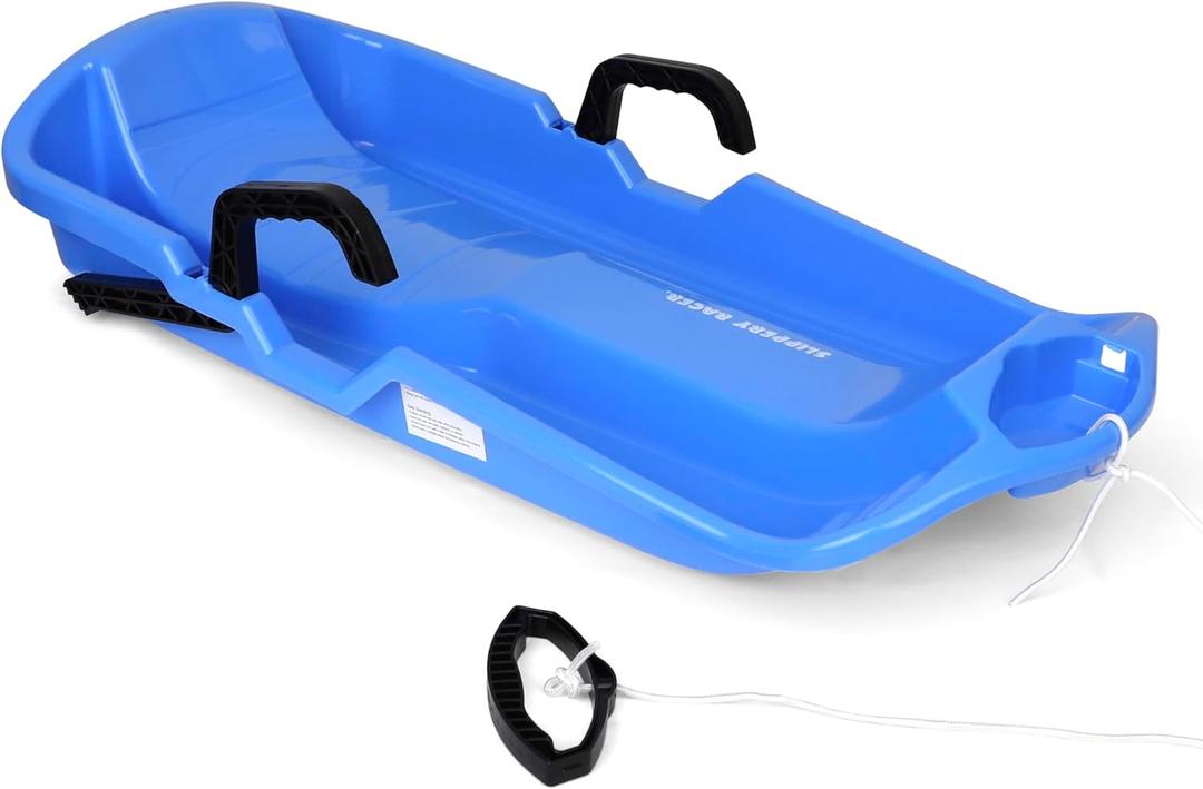 Slippery Racer Downhill Thunder Flexible Plastic Toboggan Snow Sled with Built in Brake System, Pull Rope, and Handle Grips, Blue