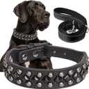 Spiked Studded Dog Collar Soft PU Leather Squared Spike Pet Collar and Reflective Nylon Leash Set Adjustable Collars for  Dogs (Medium(neck:12.6"-15"))