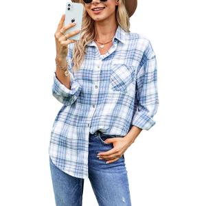 Oversized Womens Flannel Plaid Soft Flannel Button Down Shirt Roll Up Long Sleeve Flannel Plaid Shirt Blouses Women (Large, Sky Blue)