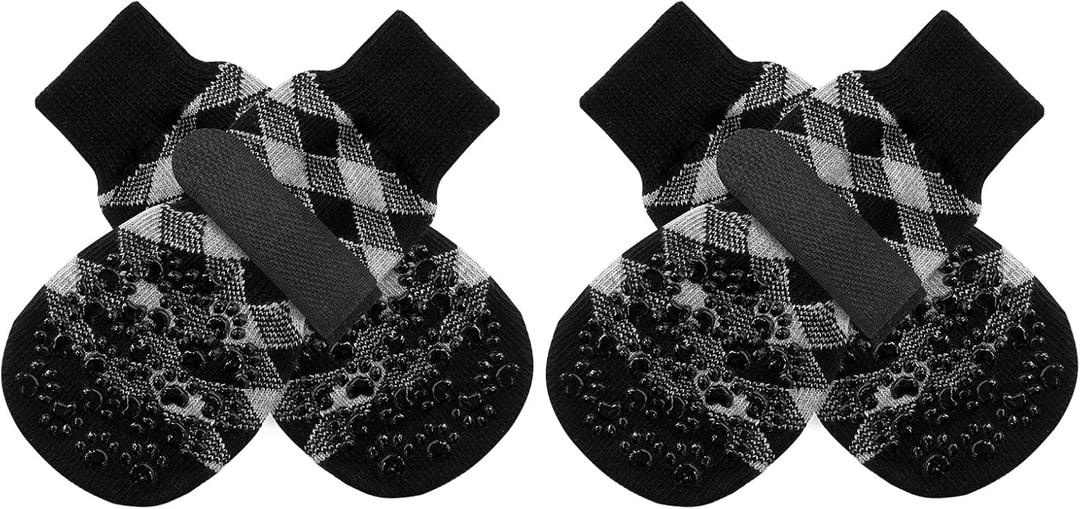 EXPAWLORER Anti Slip Dog Socks to Prevent Licking Paws, Dog Shoes for Hot Pavement, Dog Booties for Small Medium Large Senior Dogs, Traction Control Boots & Paw Protectors for Hardwood Floors (Small (4 Count), Black Grey Plaid)