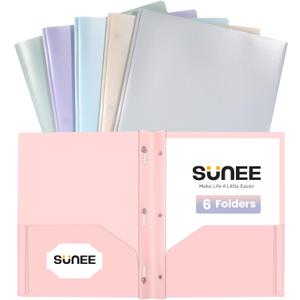 SUNEE 3-Prong Plastic Folders with Pockets (6 Pack, Pastel Colors) 2 Pocket Folders with Fasteners, Tear-Resistant Plastic Pockets, and Fit Letter Size Paper, Use for School Office Home Business