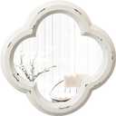 Vintage Small Scalloped Wall Mirror Decorative 8.9 inch, Hanging Distressed White Rustic Quatrefoil Wooden Mirrors for Wall Decor Living Room, Farmhouse Clover Shape Floral Mirror