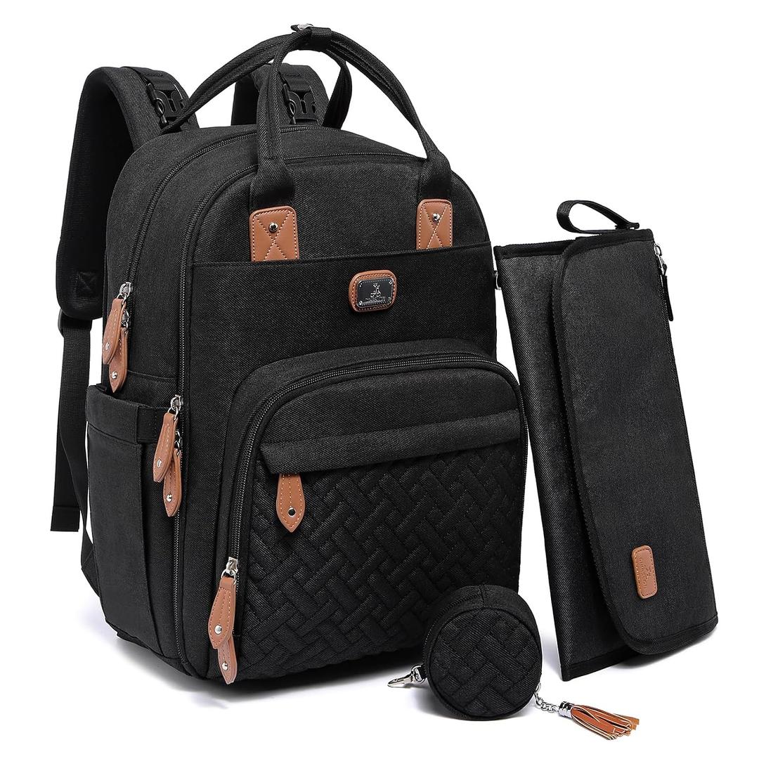 Dikaslon Diaper Bag Backpack with Portable Changing Pad, Pacifier Case and Stroller Straps, Large Unisex Baby Bags for Boys Girls, Multipurpose Travel Back Pack Moms Dads, Black