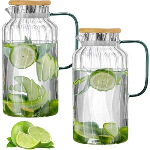 2 PACK Glass Pitcher with Lid, 68 oz/ 2 Liter Classic Vertical Stripes Water Pitcher with Bamboo Lids,Glass Water Carafe for Cold Brew, Coffee, Lemonade, Iced Sun Tea,Beverage,Milk (Clear)