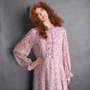 7 Pcs Halloween Women Scary Costume Set, Pink Floral Dress, Brown Wig, Bloody Knife, Horror Stickers Cosplay Outfit (L)