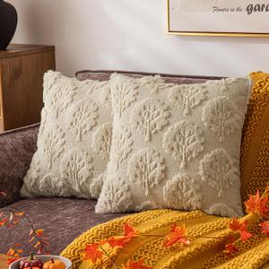 Beige Fall Tree Throw Pillow Covers 20x20 Set of 2, Fluffy Soft Faux Fur Decorative Autumn Pillow Cases with Embroidered Pattern for Couch Sofa Harvest Boho Accent Holiday Decor