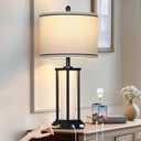 27in Tall Farmhouse Table Lamp with USB C+A & Outlet,Black Industrial End Table Lamp for Living Room,Vintage Rustic Bedside Lamp with Night Light for Bedroom Nightstand,Single Black