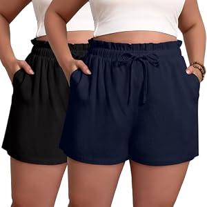 Evervibe 2 Pack Women's Linen Shorts L-5xl Plus Size with Pockets Cotton Drawstring High Waist Wide Leg Casual Summer Shorts(Black, Navy, 4X-Large)