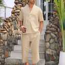 Men Linen Sets Outfits 2 Piece Short Sleeve V Neck Shirt and Harem Capri Pants Walking Suits For Men Beachwear (Beige)
