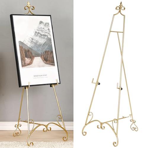 57" Large Gold Easel Stand for Sign with Fleur De Lis Design, Metal Easel Display Stand with Adjustable Hook & Chain, Heavy Duty Easel for Mirror, Sign, Wedding, Picture (No Installation Required)