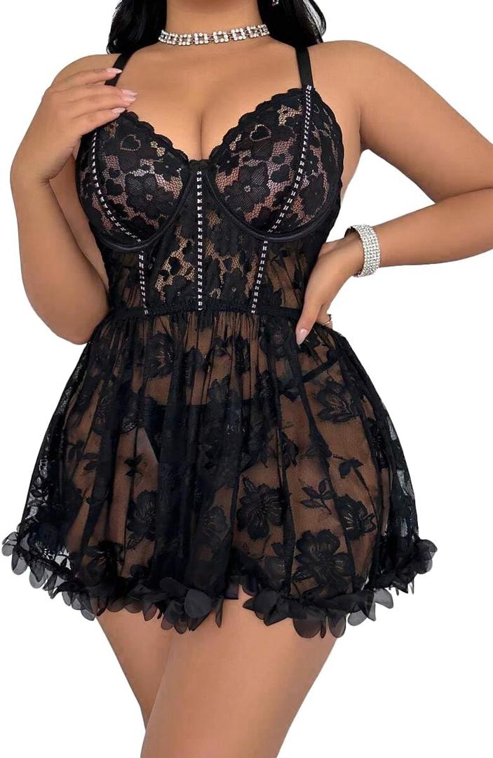 Mixxmix Plus Size Lingerie for Women Open Back Sexy Lingerie Dress Floral Lace Babydoll Chemise Lace Nightgown 4XL