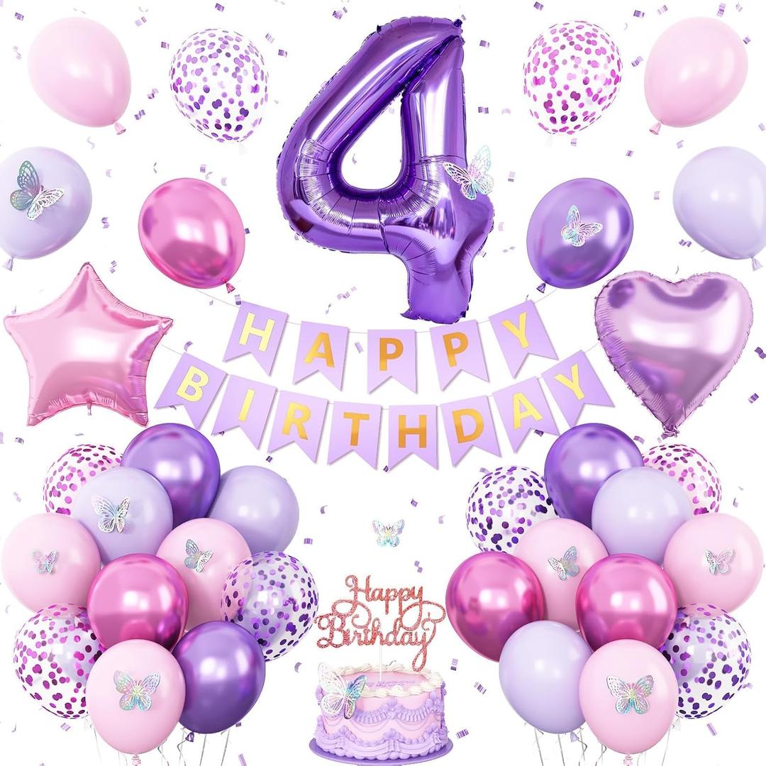 4th Pink Purple Birthday Decorations,Pink Purple 4th Birthday Balloons for Girls Lavender Party Decor Banner Number 4 Balloons Cake Topper Butterfly Party Decorations for 4 Year Old Girls