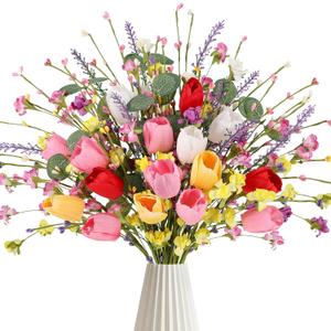 N&T NIETING Tulips Artificial Spring Flowers with Wildflowers 16 Pack Fake Tulips Stems 17" Artificial Flowers for Easter in Home Kitchen Wedding Vases Floral Outdoor Decorations