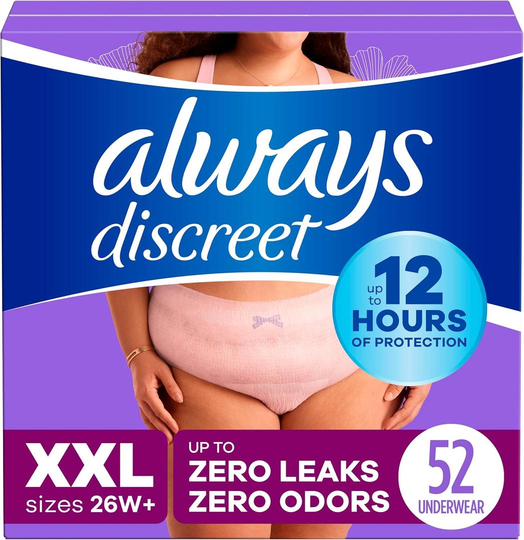 Always Discreet Adult Incontinence Underwear for Women and Postpartum Underwear, XXL, Up to 100% Bladder Leak Protection, 52 Count (4 Packs of 13) (2X-Large)