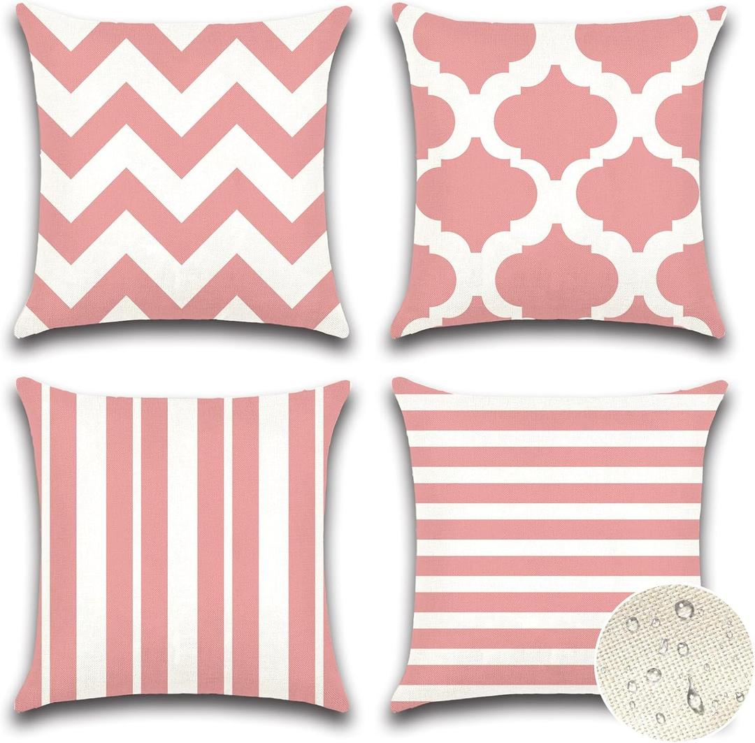 3 x OTOSTAR Set of 4 Waterproof Throw Pillow Covers 16x16 Inch Farmhouse Geometric Square Pillow Cases for Couch Patio Furniture Balcony Garden Outdoor DecorationGeometry70-Pink