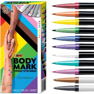 BIC BodyMark Temporary Tattoo Markers for Skin, Pride Pack, Flexible Brush Tip, 11-Count Pack of Assorted Colors, Skin-Safe, Cosmetic Quality, Unique Gifts