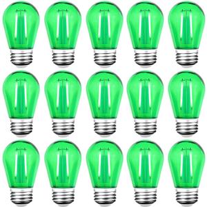 15 Pack S14 LED String Light Bulbs, Shatterproof 2 Watt Green Replacement Bulbs for Outdoor String Light, Waterproof Decorative E26 Base Green Filament Edison Christmas Light Bulbs