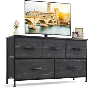 5-Drawer Dresser for Bedroom, Anti-Tip Wide Storage Organizer Fabric Chest of Drawers TV Stand for 45" TV with Wooden Top and Metal Frame for Closet, Living Room, Hallway, Entryway, Charcoal Black, 11.8"D x 39.4"W x 20.9"H