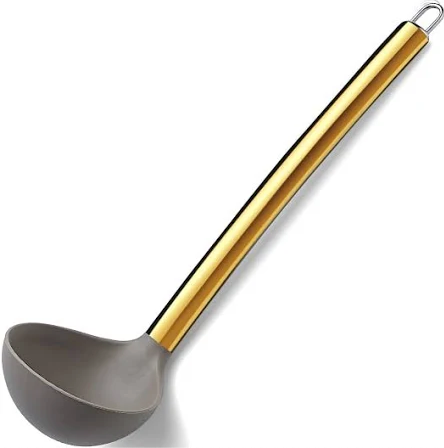 Gold Ladle, Berglander Non-stick Silicone Kitchen Ladle With Titainium Gold Plating handle, Soup Ladle, Cooking Ladle Soup Spoon For Cooking, Dishwasher Safe, Easy to Clean 