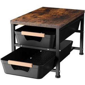 Office Desk Shelf Organizer, Wood Desktop Bookshelf Supplies Storage Rack with Drawer, Pull-Out Baskets Shelf for Top of Desk and Dresser (Black, Medium 14.96" D x 9.45" W x 11.02" H)