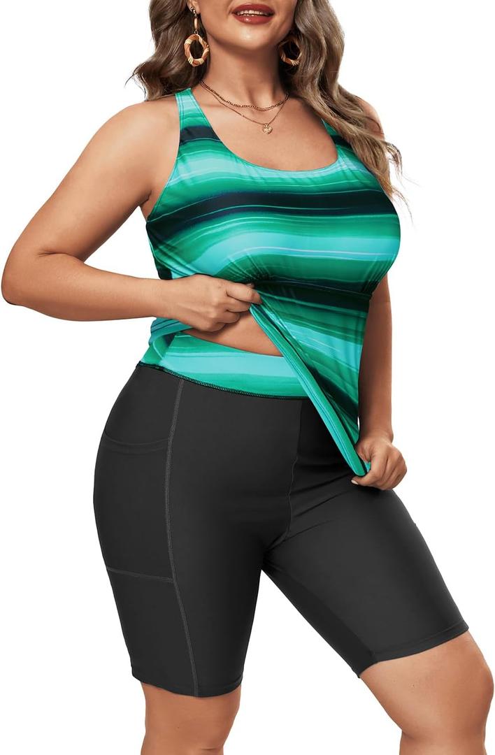 Plus Size Tankini with Shorts - Women Two Piece Bathing Suit Top Tummy Control Swimwear Bottom with Pockets (Green Stripe) 20W