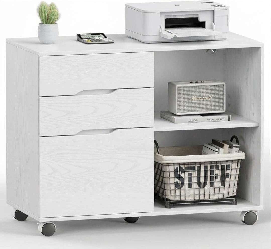 DUMOS 3 Drawer Rolling File Cabinet, Wood Printer Stand with Storage Lateral Filing Cabinet with Adjustable Shelves and Wheels, Under Desk for Home Office Study Organization, White 