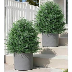 27'' Artificial Topiary Plants for Outdoor 2 Pack Artificial Topiary Trees with Stable Metal Ground Spike Fake Bushes Shrubs for Outside Garden Front Porch Landscape Walkway, Green Cedar