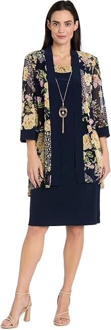 R&M Richards Women's Elegant Sheer Floral Jacket Dress W/Attached Necklace 16 Size
