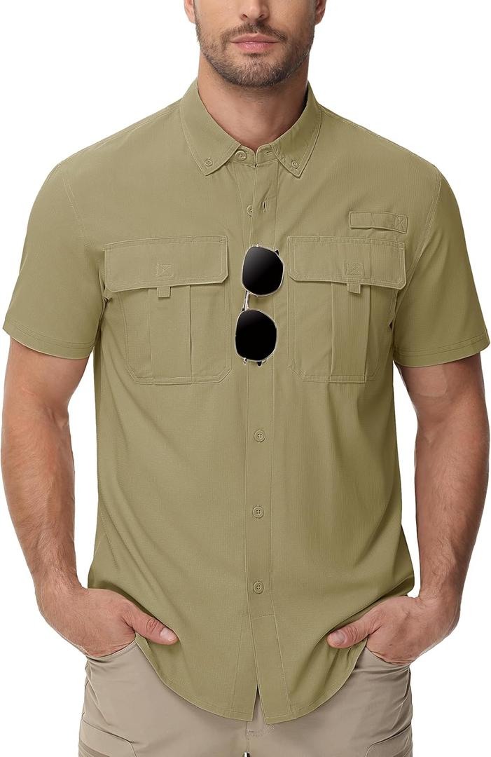 TACVASEN Mens Short Sleeve Sun Protection Shirt UPF 50+ Quick Dry Fishing Cooling UV Shirts Outdoor Tactical Hiking Shirts (Beige, XXL)