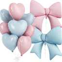 Blue Pink Heart Balloons, Foil Bow Balloons, 10Pcs 18 Inch Heart Shaped Balloon and 38 Inch Helium Pink and Blue Bow Balloon for Boys Girls Birthday Baby Shower Gender Reveal Wedding Party Decor