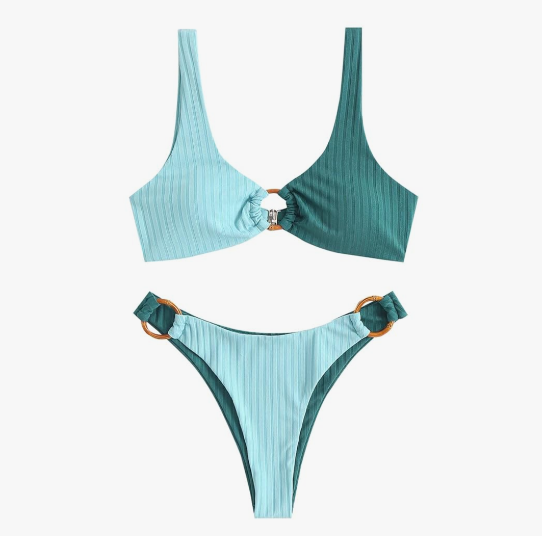 ZAFUL Women's Ribbed O-Ring String Bikini Swimsuit Cheeky Thong Swimwear Two Pieces Bathing Suit, Size Medium