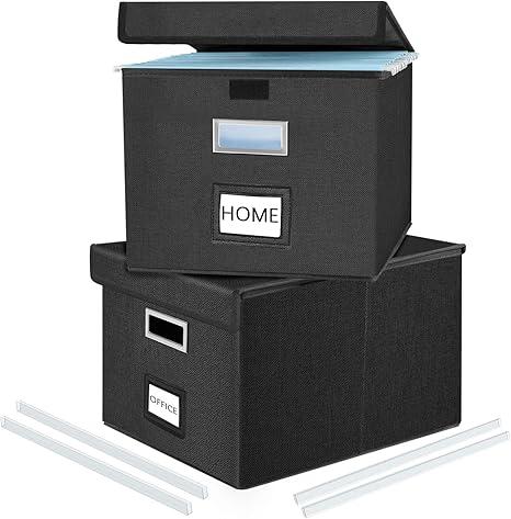 Huolewa File Organizer Boxes with Lids, Collapsible Faux Leather Hanging File Folder Box Organizer with Plastic Slide, Decorative Home/Office Filing System Boxes for File and Folders Storage