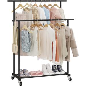 Calmootey Double Rod Clothing Garment Rack,Rolling Hanging Clothes Rack,Portable Clothes Organizer for Bedroom,Living Room,Clothing Store,Black
