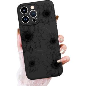 OOK Black Floral case for iPhone 15 Pro Max Case [Compatible with MagSafe], Cute Sunflower Floral Blooms Design Soft TPU Shockproof Protective for Women Girls Slim Magnetic Phone Cover