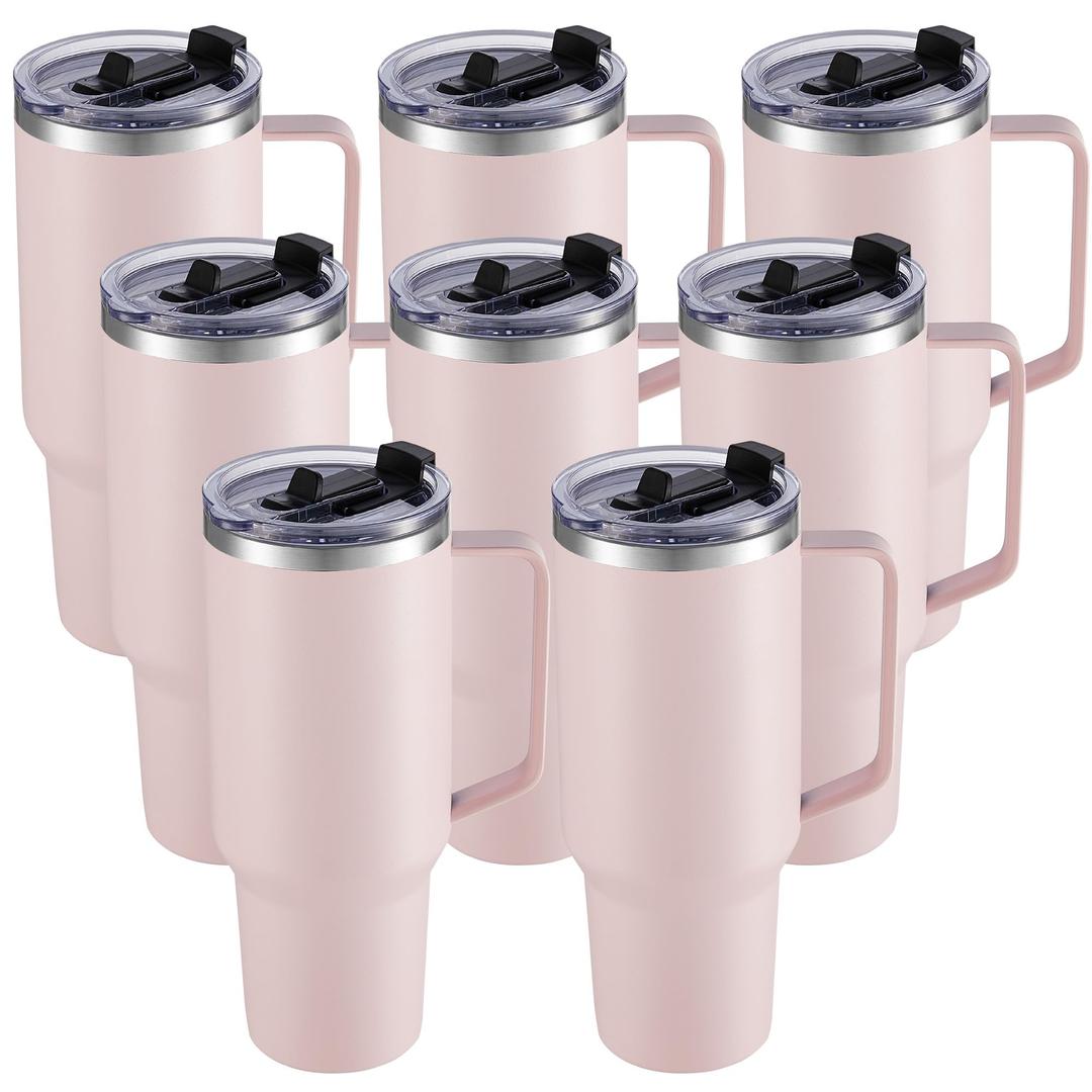 Cool Yoleb 40 oz Tumbler with Handle and Straw, Stainless Steel Tumblers bulk with Lids Double Wall Vacuum Insulated Mug Reusable Travel Cup Keep Drinks Hot and Cold, Light Pink, 8 Pack