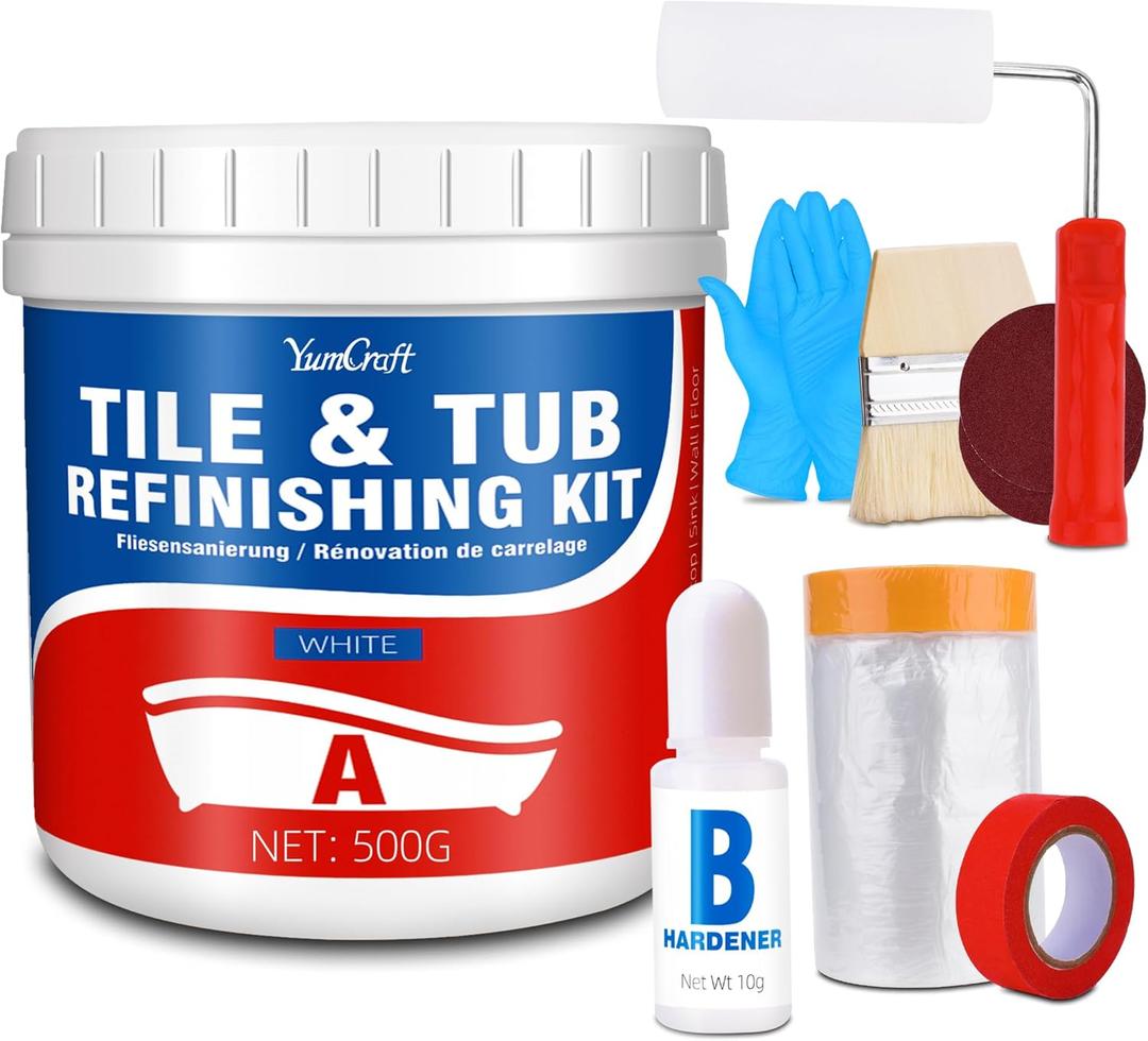 Tub and Tile Refinishing Kit, 17oz/500g Tile Paint with Tools and Hardener - Semi-Gloss White Bathtub Paint for Bathroom, Countertop, Wash Basin, Kitchen, Porcelain, Floor, Easy to Use, 25-30sq.ft