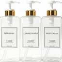 Modern Gold Design Shampoo and Conditioner Dispenser, Large 27oz Shower Soap Dispenser, Set of 3 Refillable Empty Plastic Pump Bottles for Bathroom, 6 Waterproof Labels Included, (Clear & White)