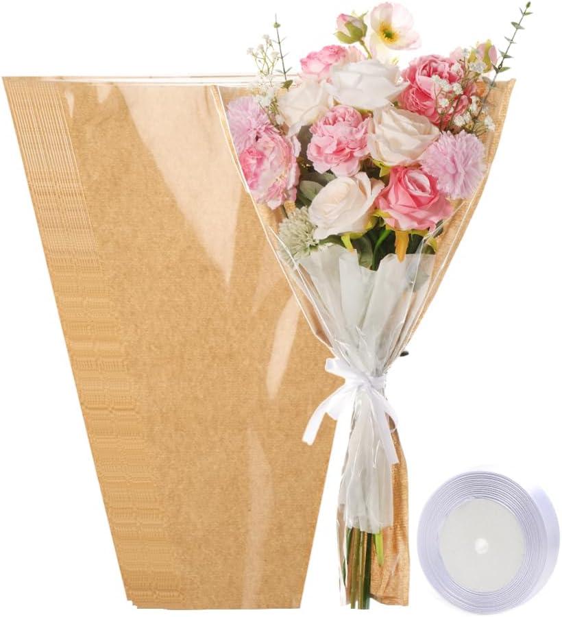 HSONAIGEE 50 Pieces Flower Bouquet Wrapping Paper, 22 x 14.2 Inch Extra Large Flower Bags for Bouquets Kraft Floral Wrap Sleeves with Ribbons for Home Mothers Day Wedding Flower Bar Supplies