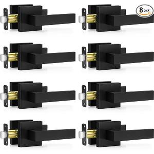 Plustool 8 Pack Matte Black Door Handles, Passage Door Levers for Hallway & Closet, Interior Keyless Door Knobs Heavy Duty Square NonLocking Handlesets(2.0lb), Reversible for Left & Right Sided Doors