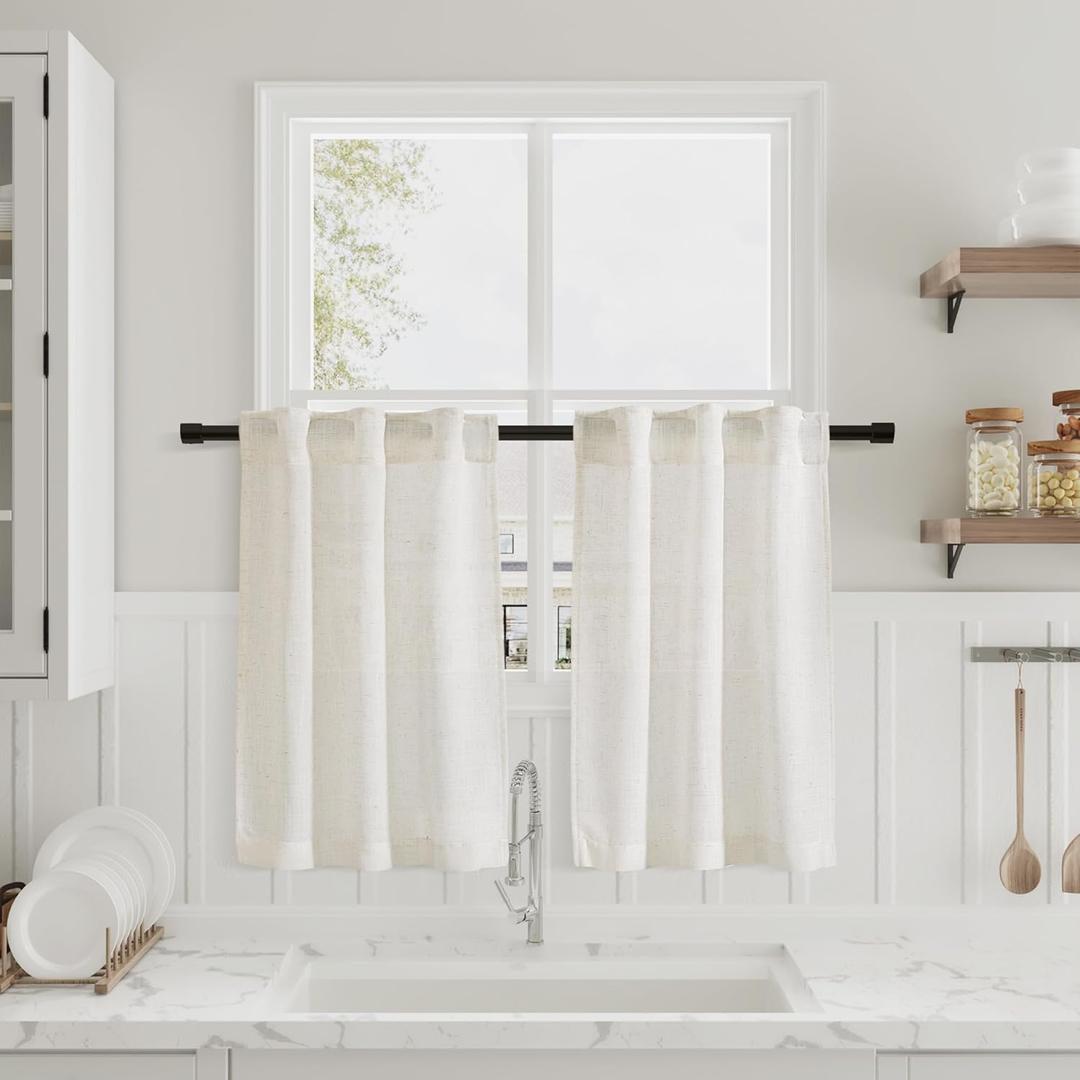 Nanspring Cream Linen Kitchen Curtains 24 Inch Length Tier Ticking Stripe Small Drapes for Living Room Bathroom Cafe Small Window Rustic Light Filtering Flax Back Tab Rod Pocket 2 Panels 18Wx24L (Natural)