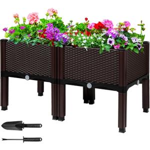 MAYOLIAH Raised Garden Bed with Drainage Elevated Planter Box Plastic Raised Beds for Gardening Vegetables Herb Flowers, Perfect for Indoor Outdoor Planting, 2 Boxes Brown