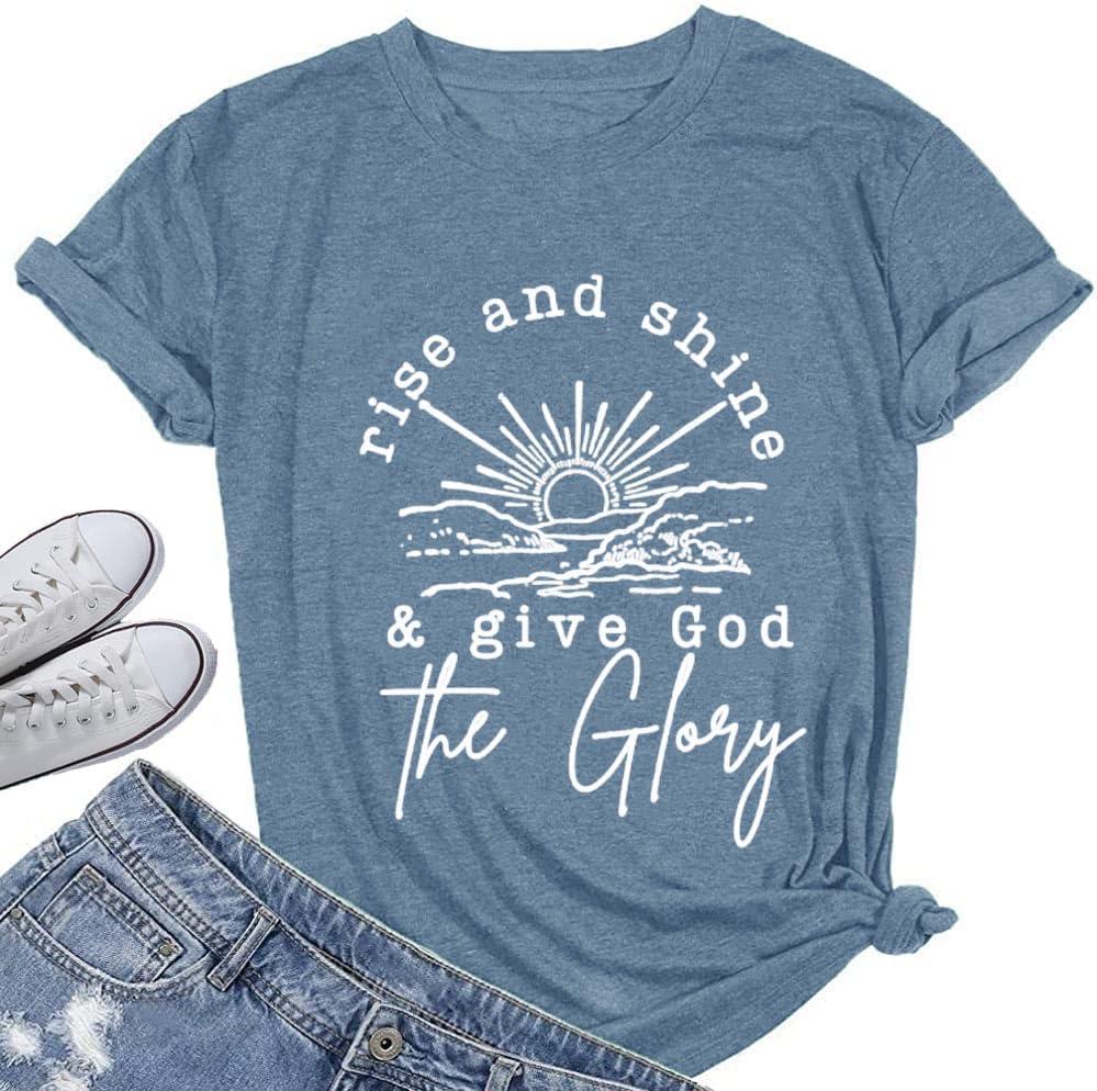 Women Mountain Sunrise Adventure Shirt Hiking Camping Workout T Loose Fit Activewear Rise and Shine Give God The Glory Shirt (XX-Large, Ink Blue)
