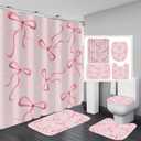 AZHM 4Pcs Pink Bow Shower Curtain Set Cute Bathroom Shower Curtains with 12 Hooks Bow Knot Aesthetic Bathroom Sets with Shower Curtain and Accessories