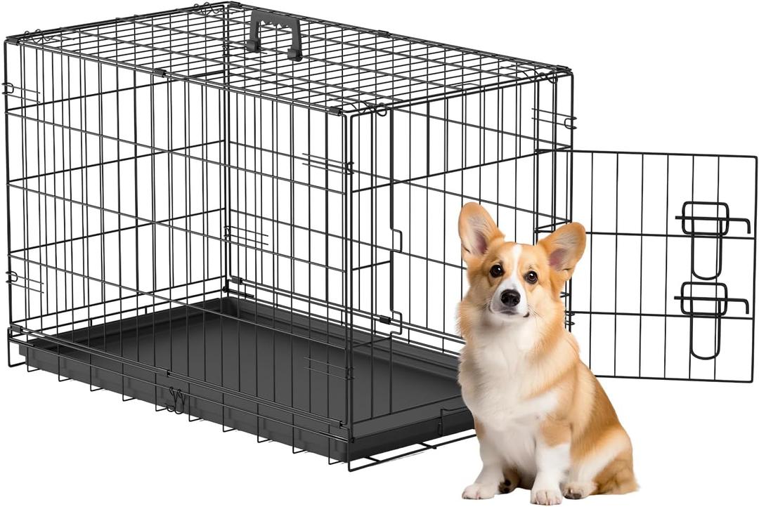 FDW 30inch Dog Crate Pet Cage with Metal Folding Design Plastic Tray Indoor Outdoor Dog Kennel Cage for Small and Medium Dogs,Black